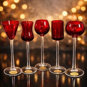 Cellini Italy Ruby Red Crystal Cordial Glasses 7” Hand Blown Set of 5 New